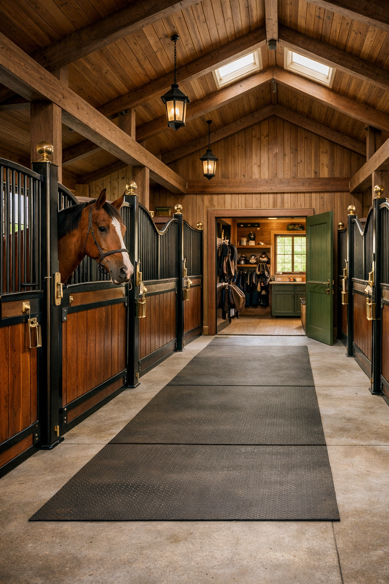 Well-designed center-aisle horse barn interior with stalls and organized tack room in Waxhaw