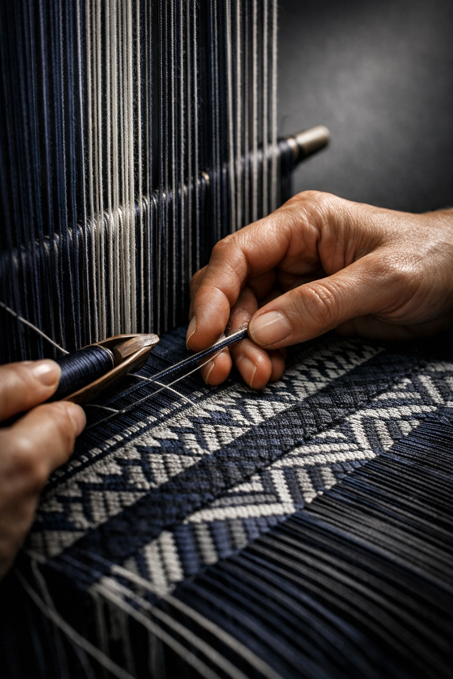 Hands weaving traditional Latin American textile patterns demonstrating artisan craftsmanship techniques