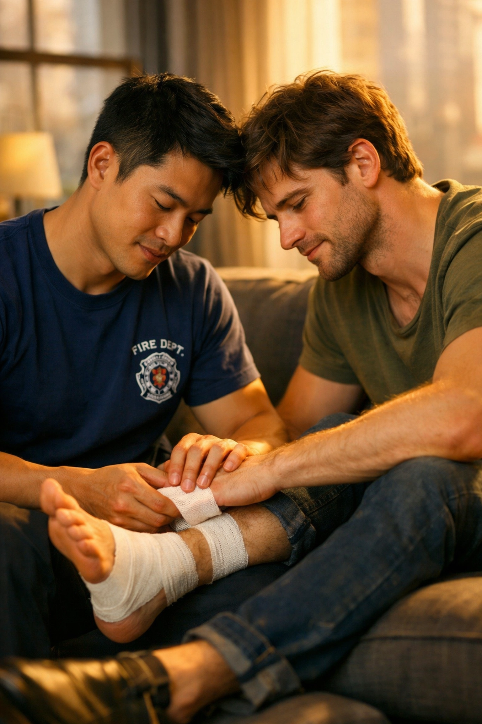 Firefighter tenderly bandaging injured man's ankle in hurt comfort MM romance scene