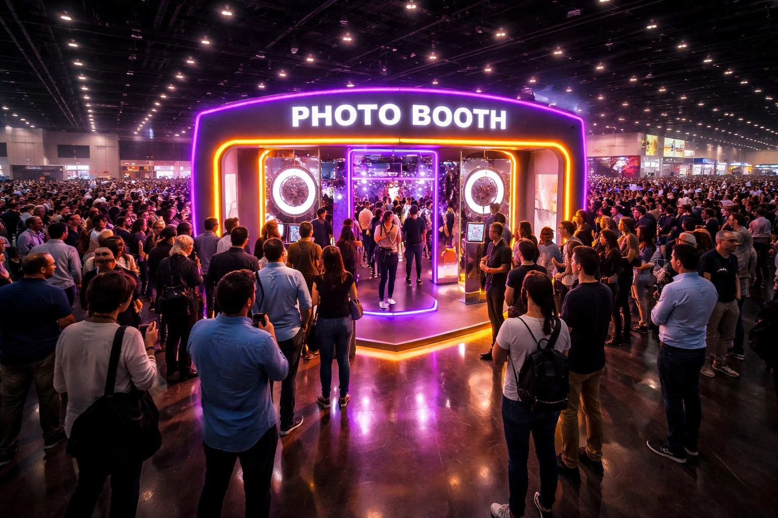 Las Vegas convention trade show floor with a vibrant photo booth activation and engaged crowd boosting booth traffic