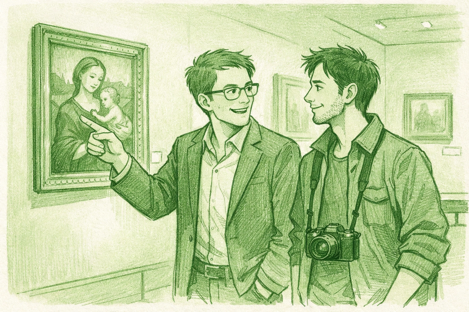 Art restorer showing museum painting to traveler - MM romance character connection