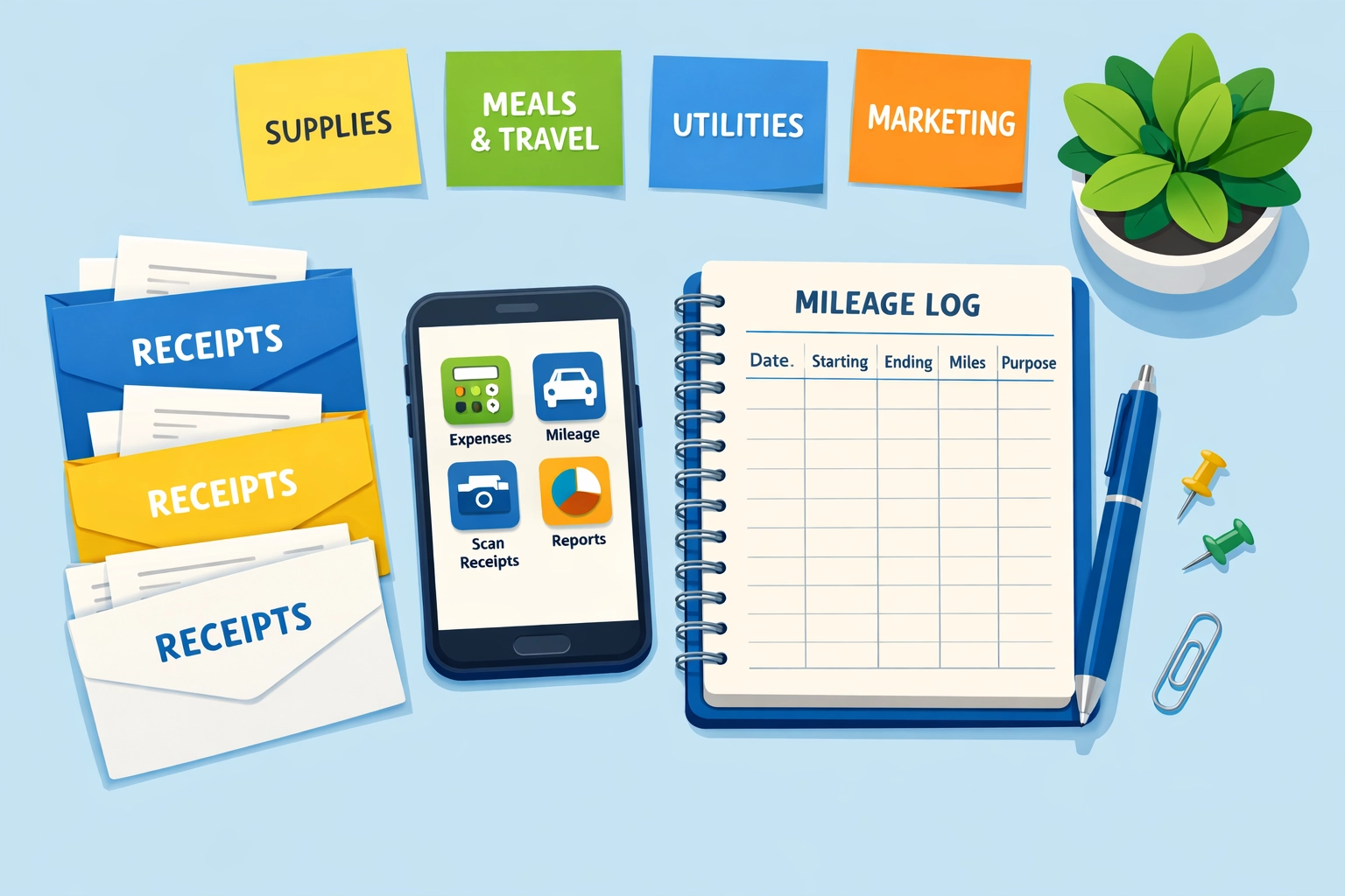 Small business expense tracking with organized receipts and bookkeeping system for tax deductions