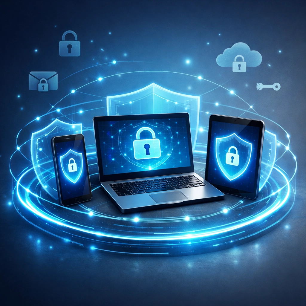 Multiple business devices protected by endpoint security shields and network connections