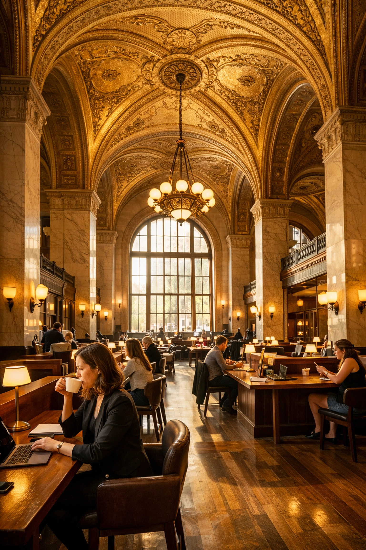 The historic and grand interior of Crew Collective Café in Old Montreal with sunlit vaulted ceilings.