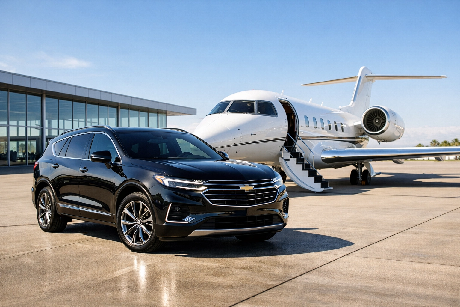 Super Bowl Branding Secrets Revealed: What Experts Don’t Want You to Know About Corporate Presence Luxury SUV and private jet at an airfield facilitating seamless corporate travel for Super Bowl events.