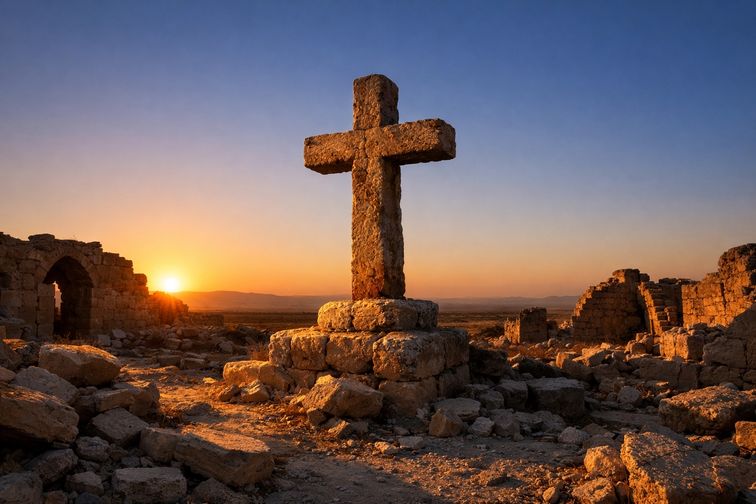 A stone cross stands amidst the ruins of an ancient Christian church in the Nineveh Plains of Iraq at sunset.