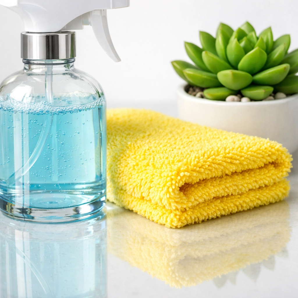 Eco-friendly cleaning supplies and microfiber cloth used by professional cleaning services near me.