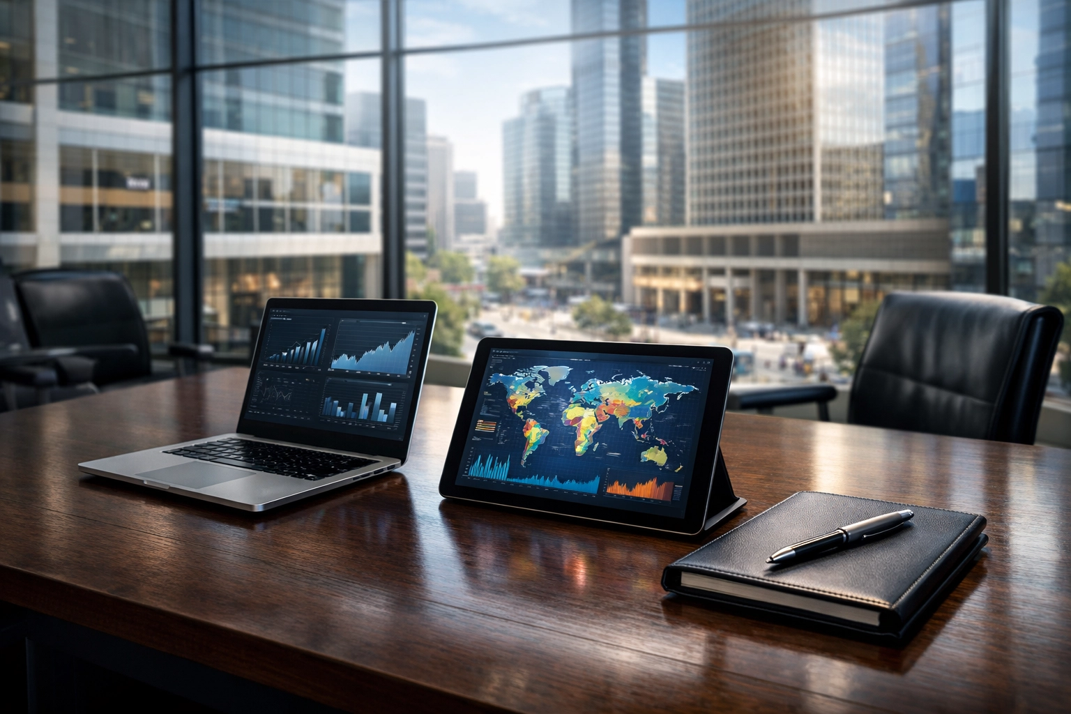 Modern corporate strategy room with a global map for Dakdan Worldwide media planning and international audience research.