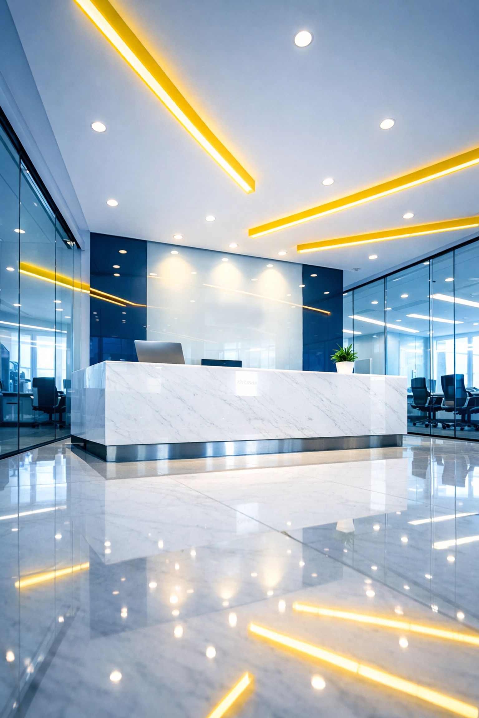 Clean and modern commercial office reception area in Deerfield, MA reflecting professional janitorial standards.