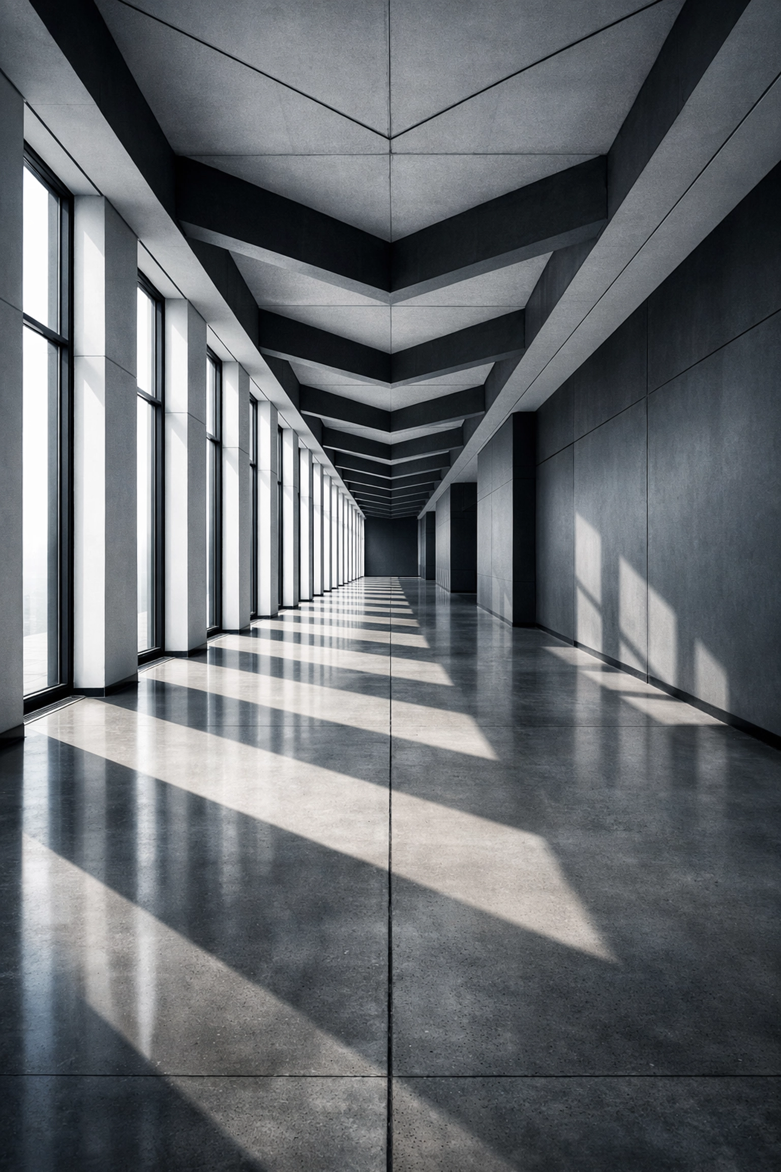Leading lines and symmetry in an architectural hallway, illustrating photography composition techniques.
