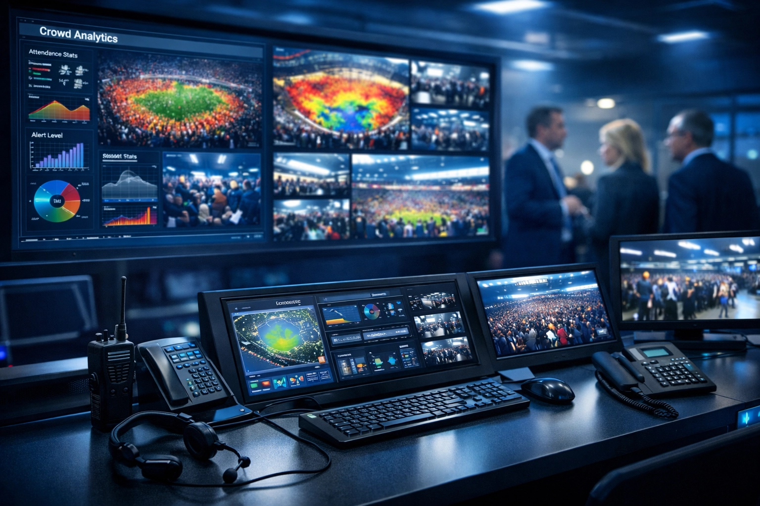 High-tech security command center monitoring Super Bowl 2026 VIP corporate hospitality operations