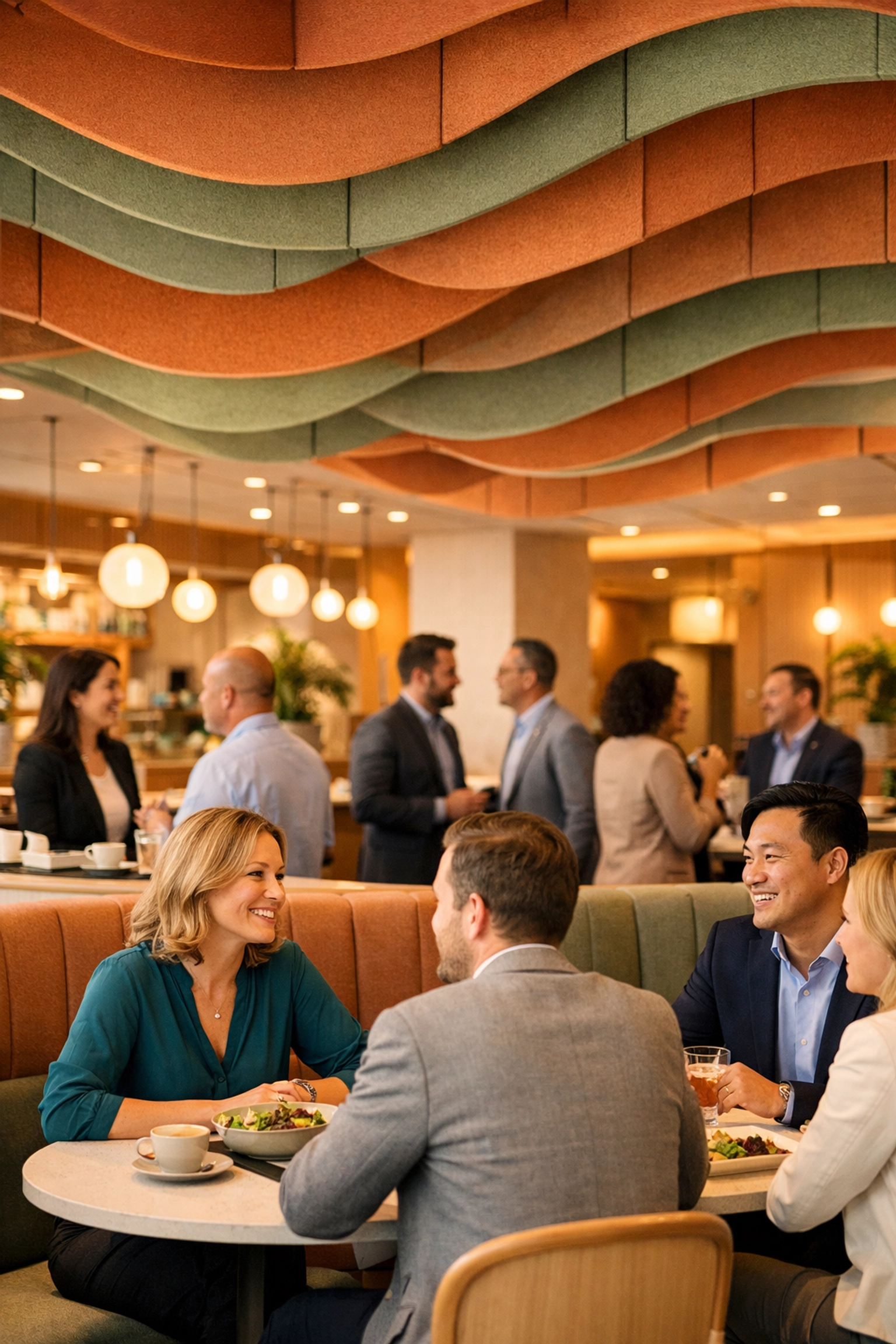 Curved wave-like acoustic baffles in a corporate cafeteria improving speech clarity and design.