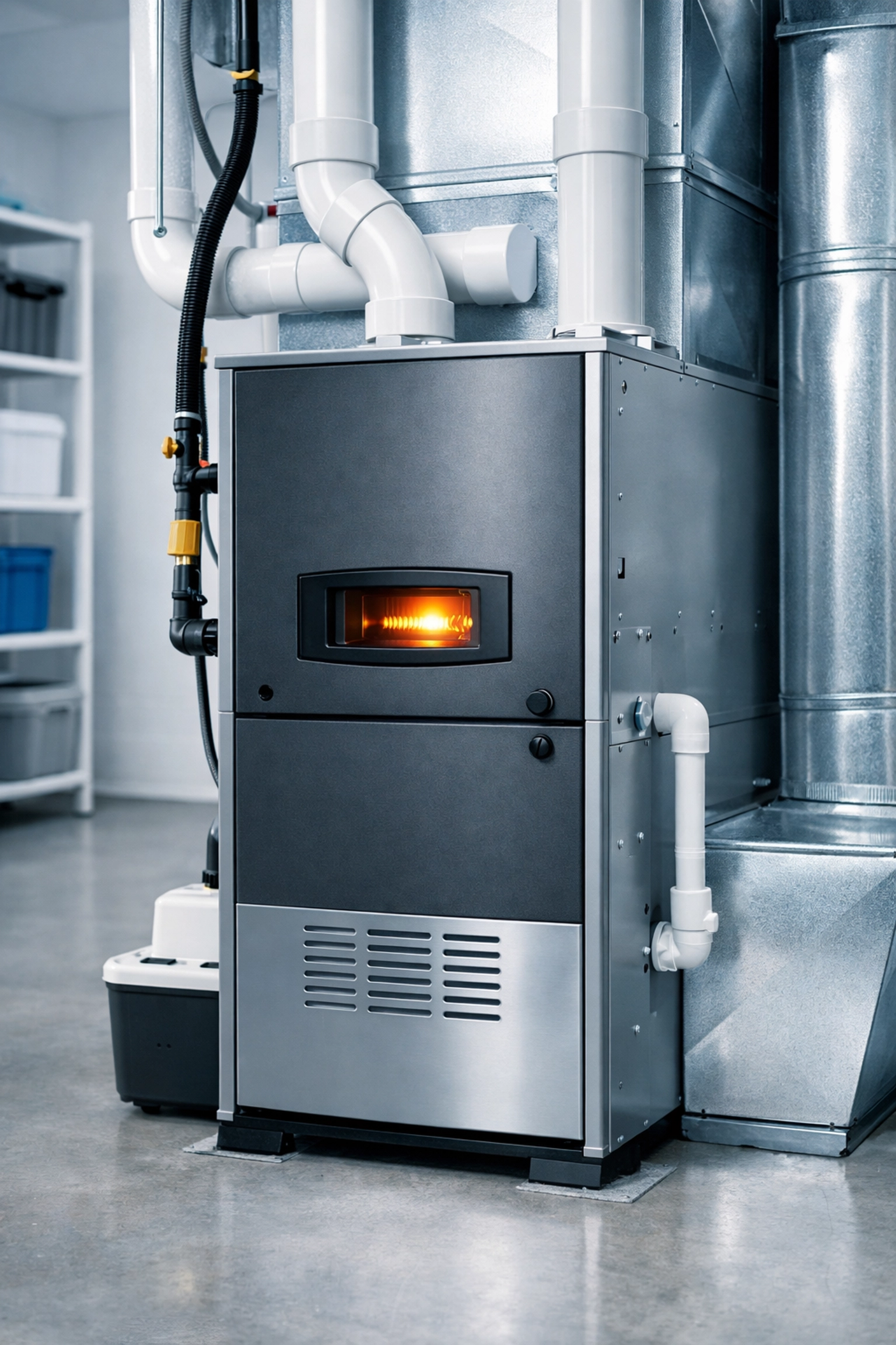 Modern high-efficiency gas furnace installed in a residential basement for reliable heating in WNY.