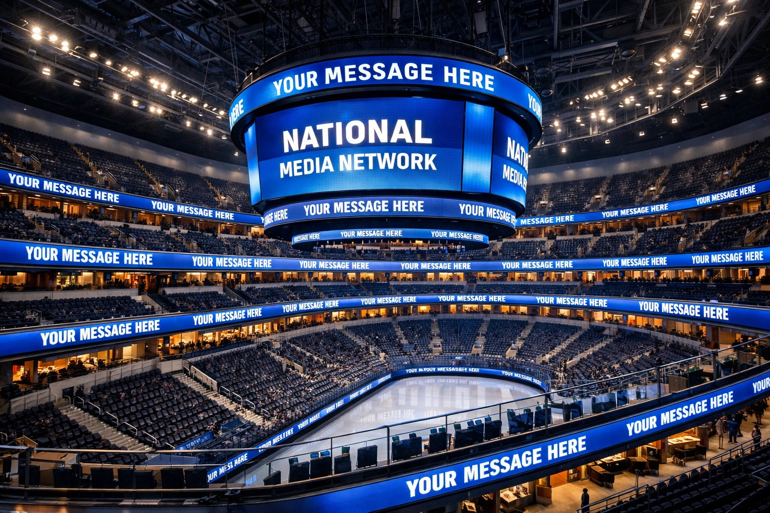 Network of synchronized digital out-of-home screens across multiple levels of a sports arena.