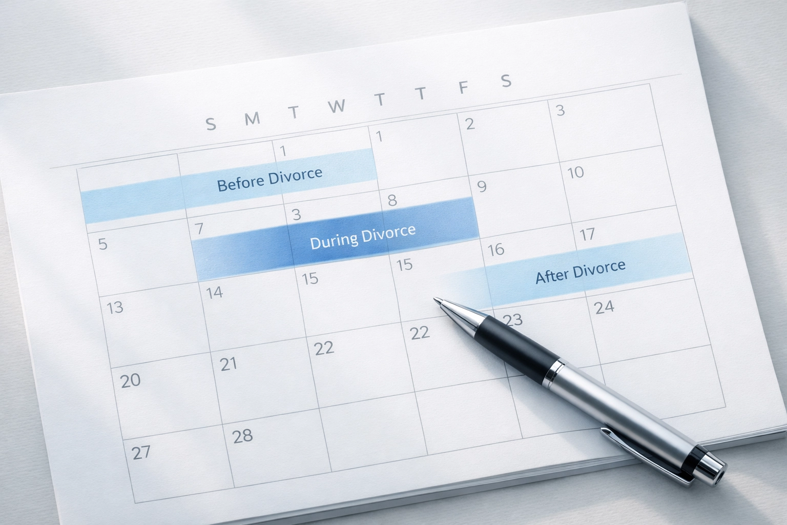 Calendar marked with three phases showing divorce home sale timing options in Florida