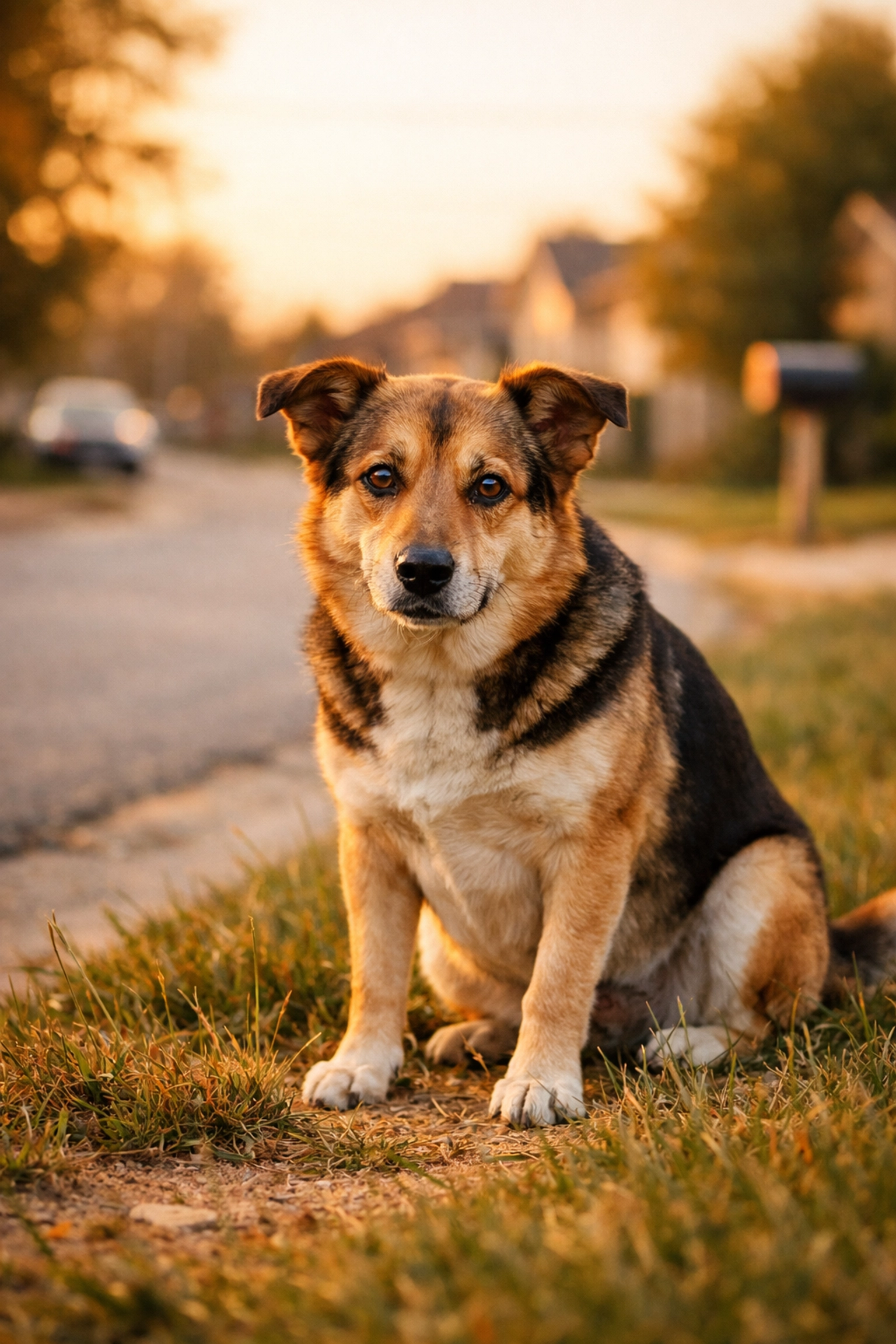 Cautious stray dog sitting near suburban street waiting to be safely approached and rescued