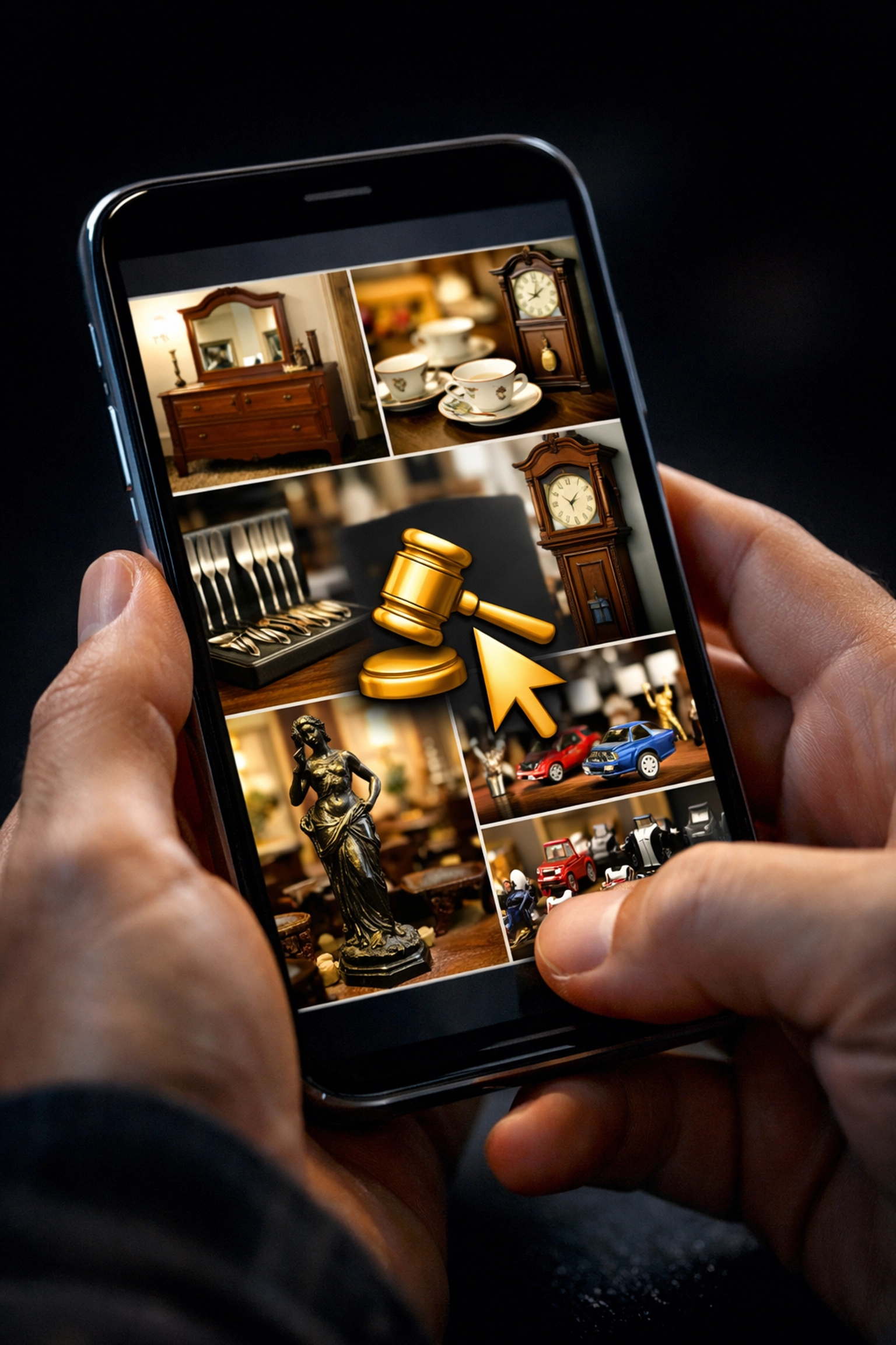 Mobile phone showing online estate auction listings in Columbus Ohio