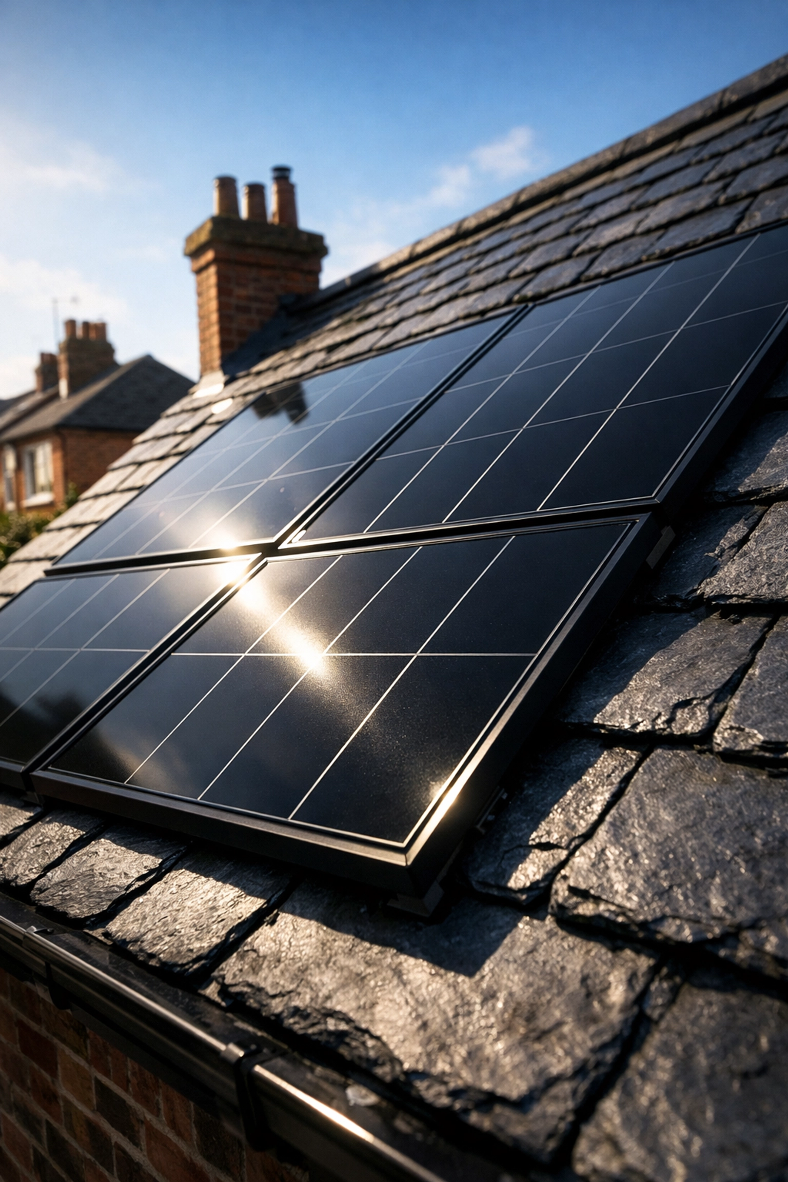 Black-framed solar panels installed on traditional UK slate roof of residential property