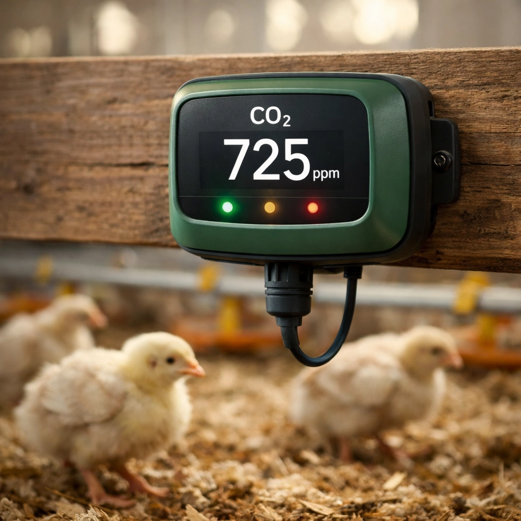 CO2 sensor mounted in poultry barn monitoring air quality with broiler chickens in background