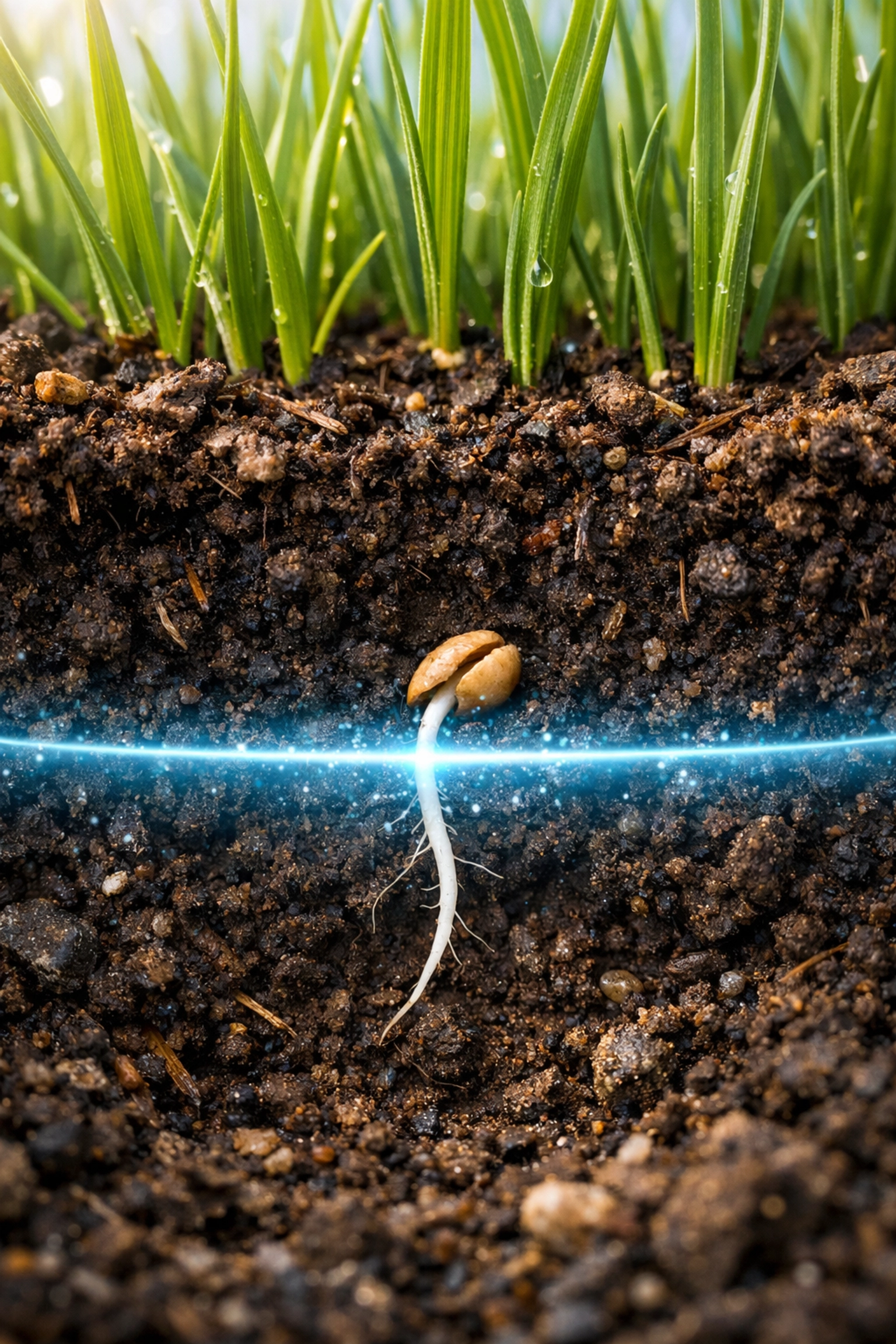 A cross-section of soil showing a weed seed root stopped by a pre-emergent barrier below green grass.