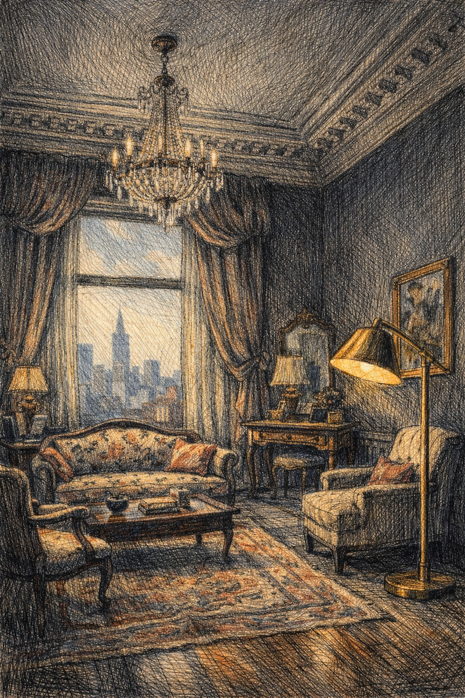 Sustainable hotel architecture style suite with curated vintage furniture and charcoal walls.