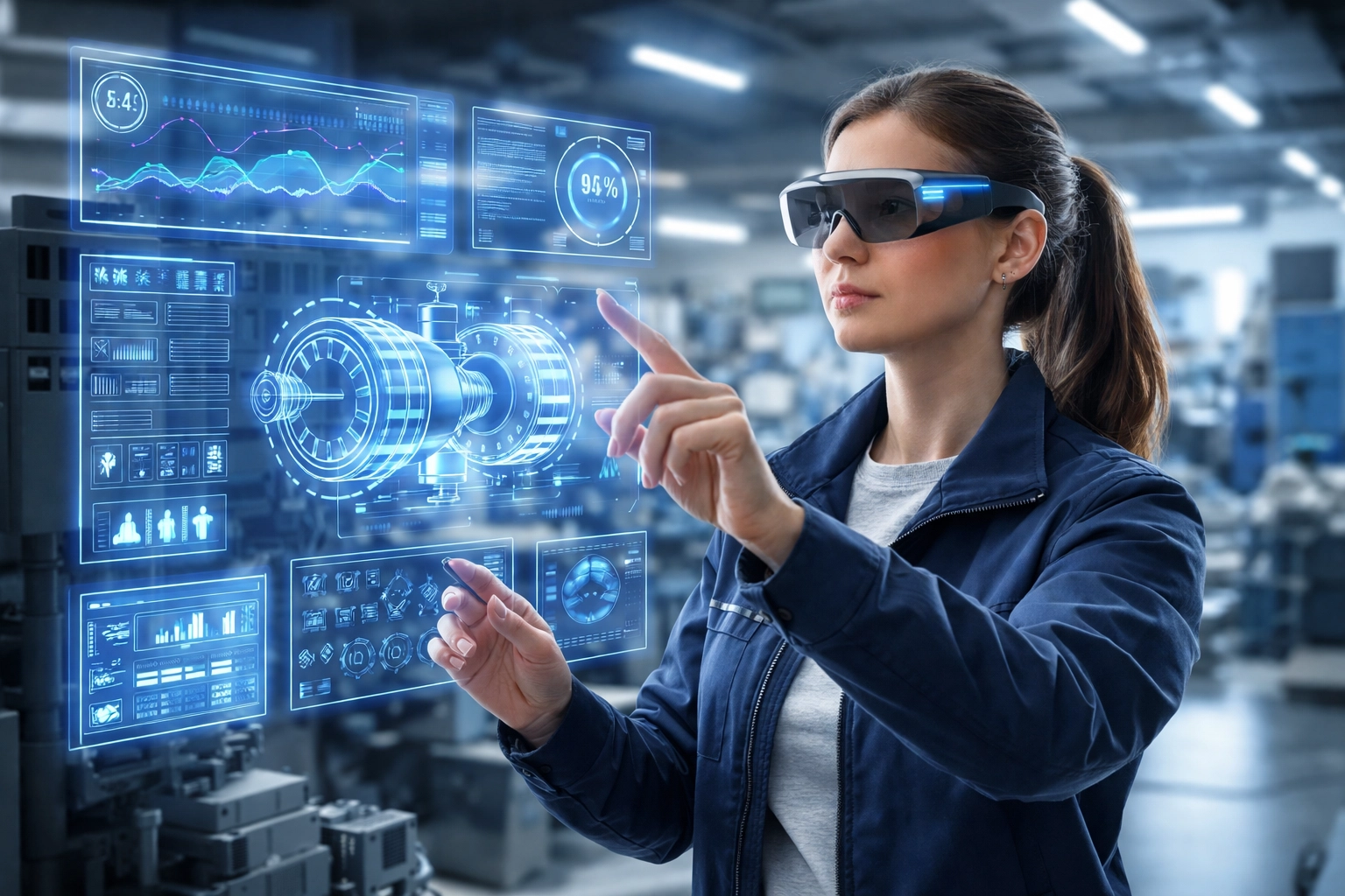 Engineer using augmented reality smart glasses with AI-powered holographic data displays in industrial setting