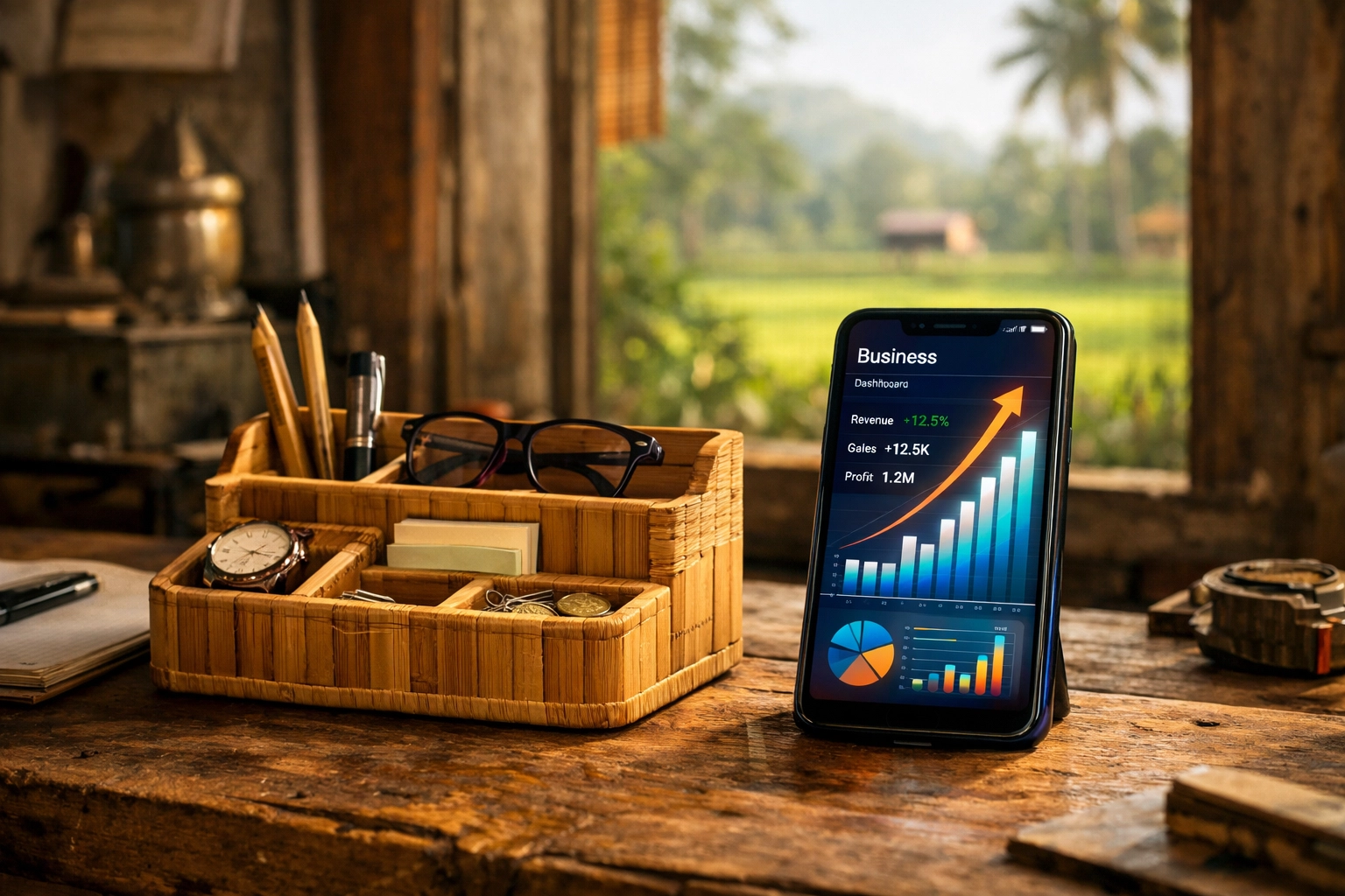 Handcrafted bamboo product next to a smartphone showing digital growth in a rural Indian SME workshop.