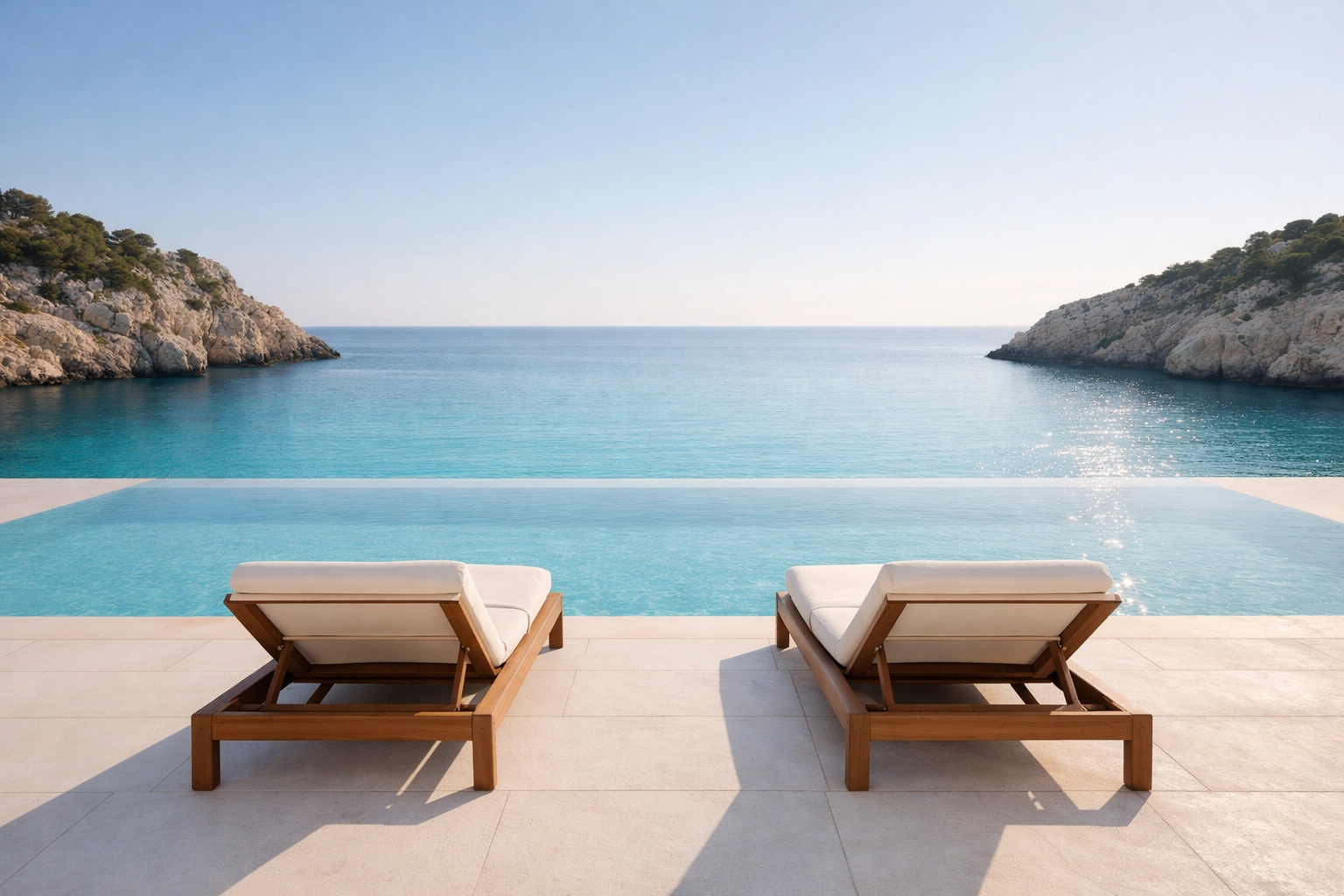 Minimalist limestone infinity pool overlooking a secluded Mediterranean cove for quiet luxury travelers.