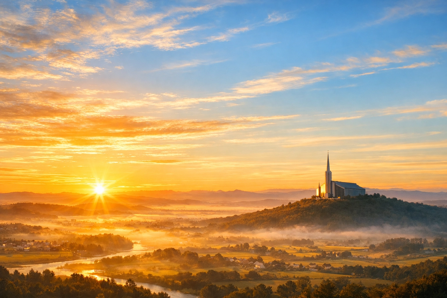 Vibrant sunrise over a church on a hill, symbolizing hope and the promise of the Gospel.
