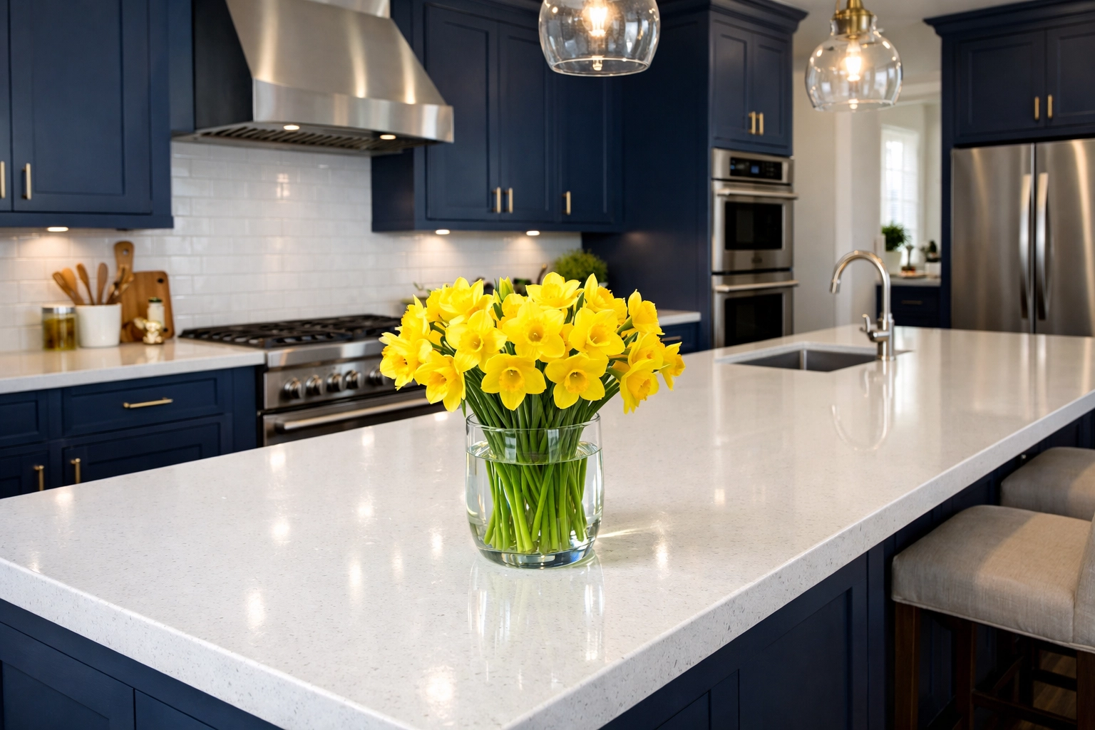 Sparkling clean luxury kitchen with white quartz countertops and professional finishes.