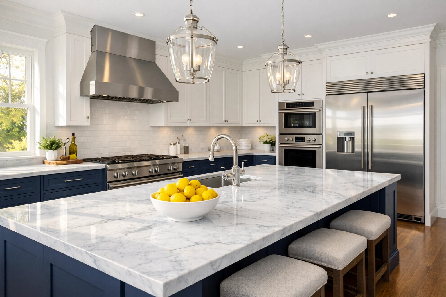 Spotless modern kitchen with marble counters highlighting expert luxury house cleaning in Needham services.