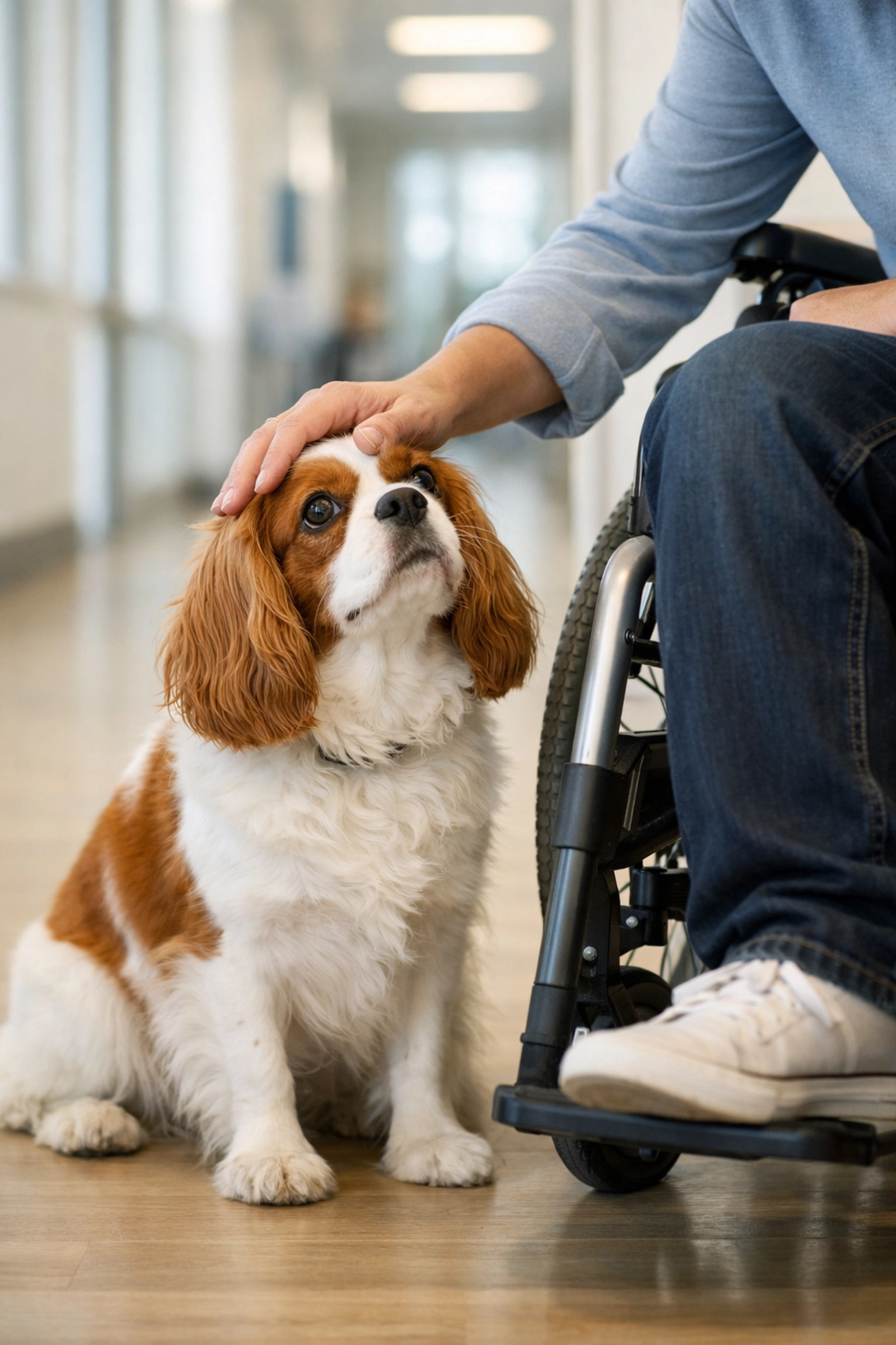 Therapy-Quality Cavalier King Charles Spaniel in Oregon comforting a patient in a wheelchair.