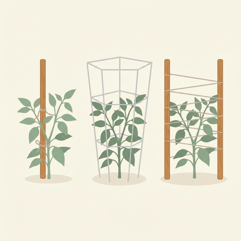 Three support options beside pepper plants in raised beds: staking, tomato cages, and Florida weave method.