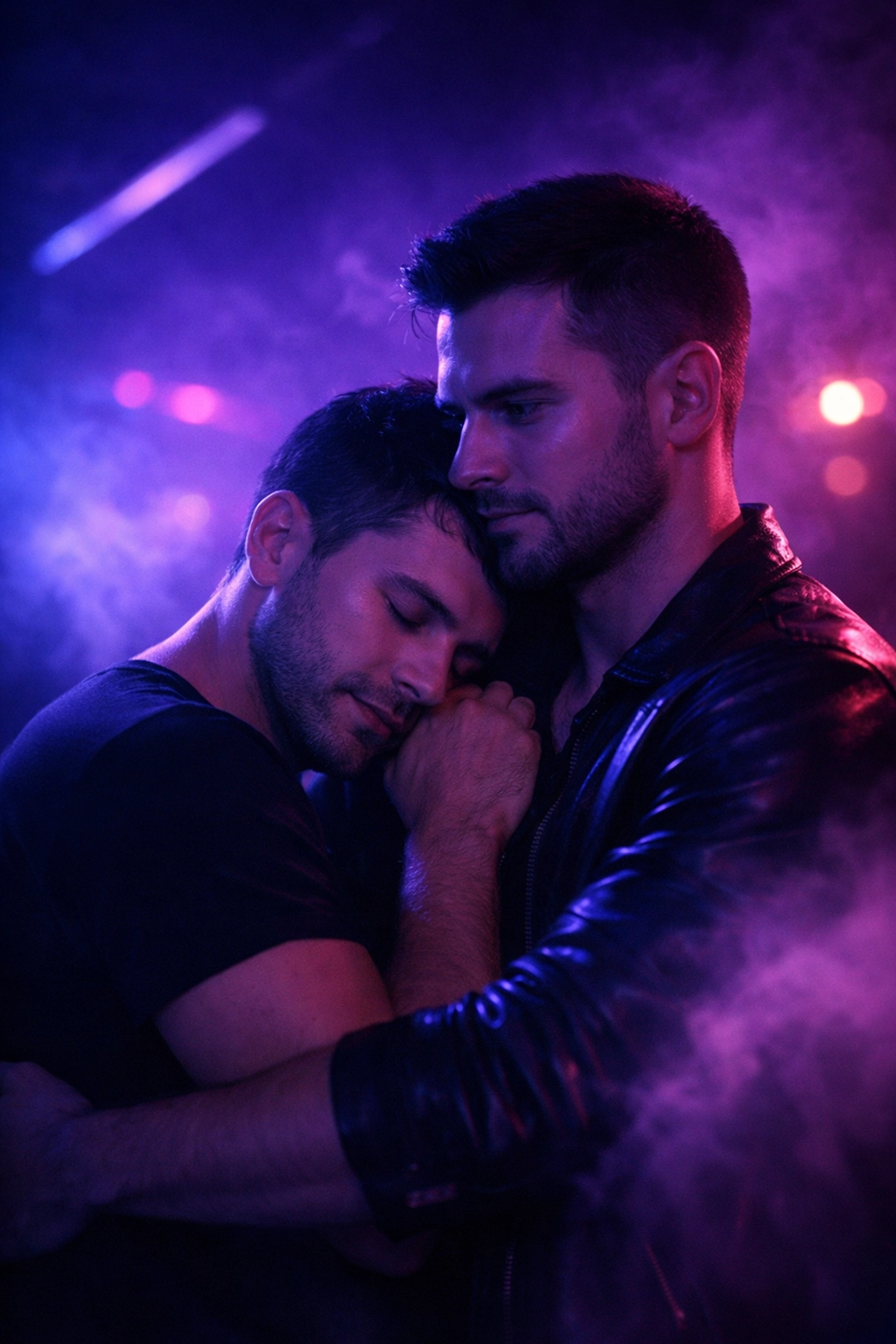 Two men embracing in neon-lit nightclub - MM romance Euphoria's Edge club scene