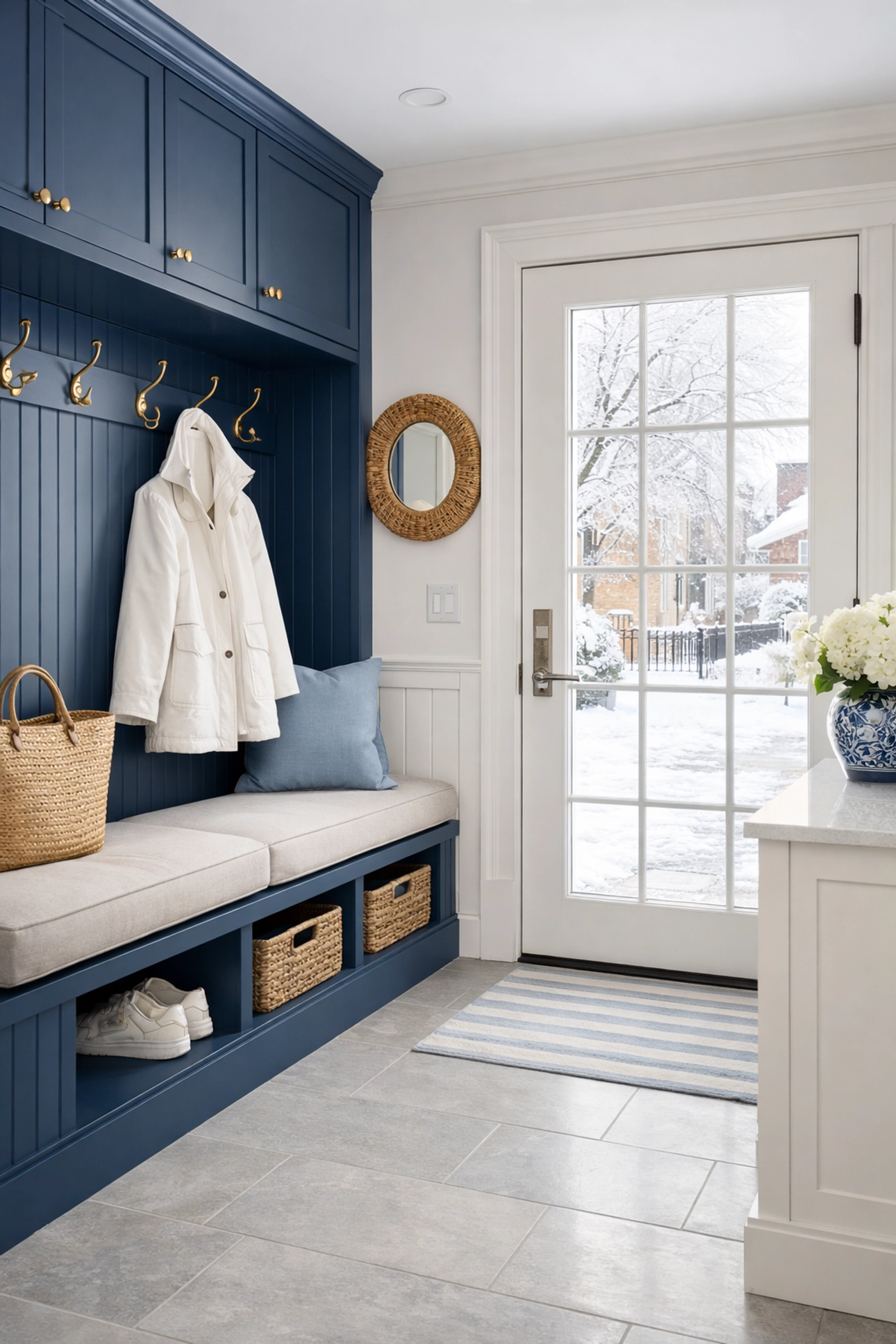 Pristine Cambridge home entryway with clean stone tiles, highlighting expert house cleaning Cambridge MA.