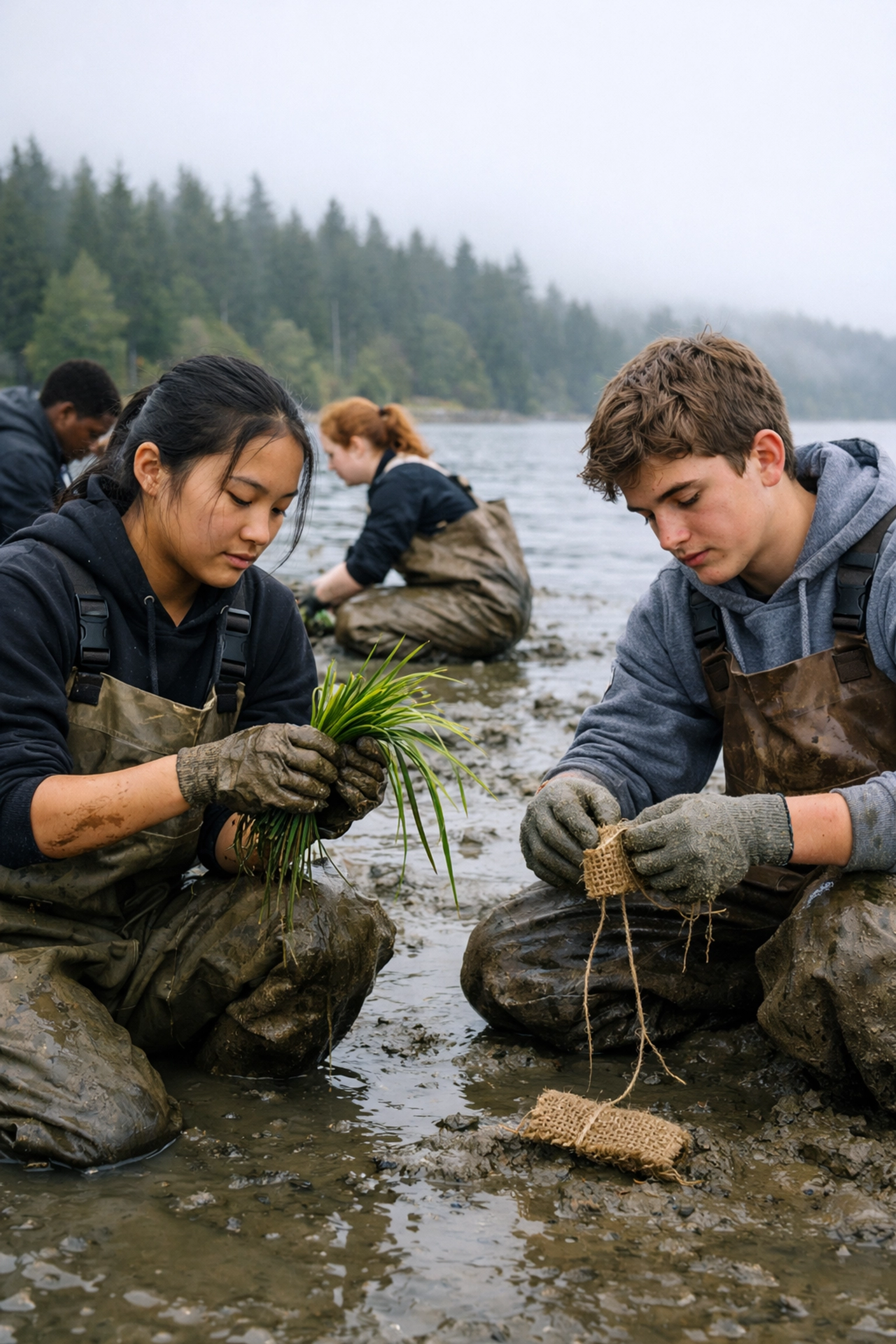 Students in waders performing hands-on eelgrass restoration during a PNW marine science expedition.