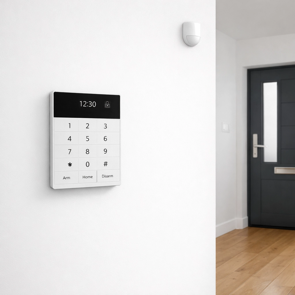 A sleek smart alarm keypad and motion sensor installed in a modern Swindon home for advanced protection.