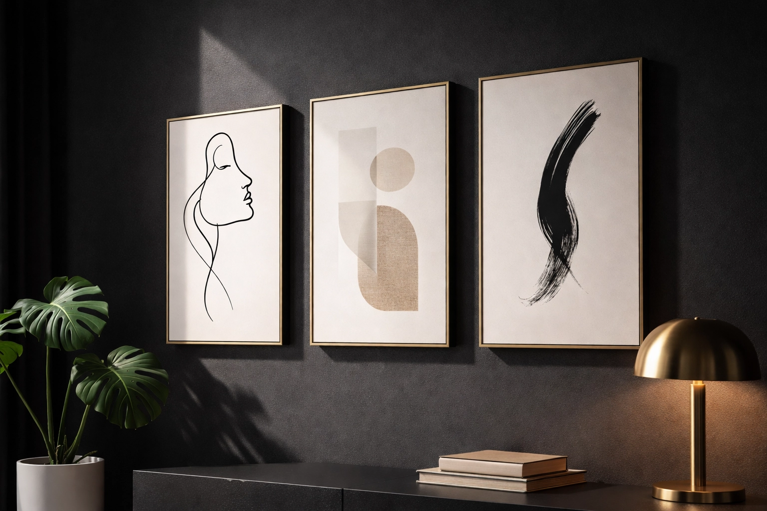 Minimalist line art wall prints featuring single line portraits and brushstrokes on a charcoal background