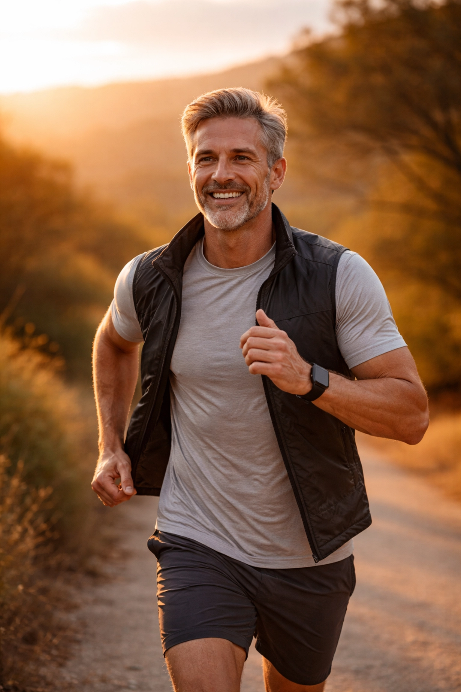 Active middle-aged man jogging at sunset, representing renewed energy from TRT for men