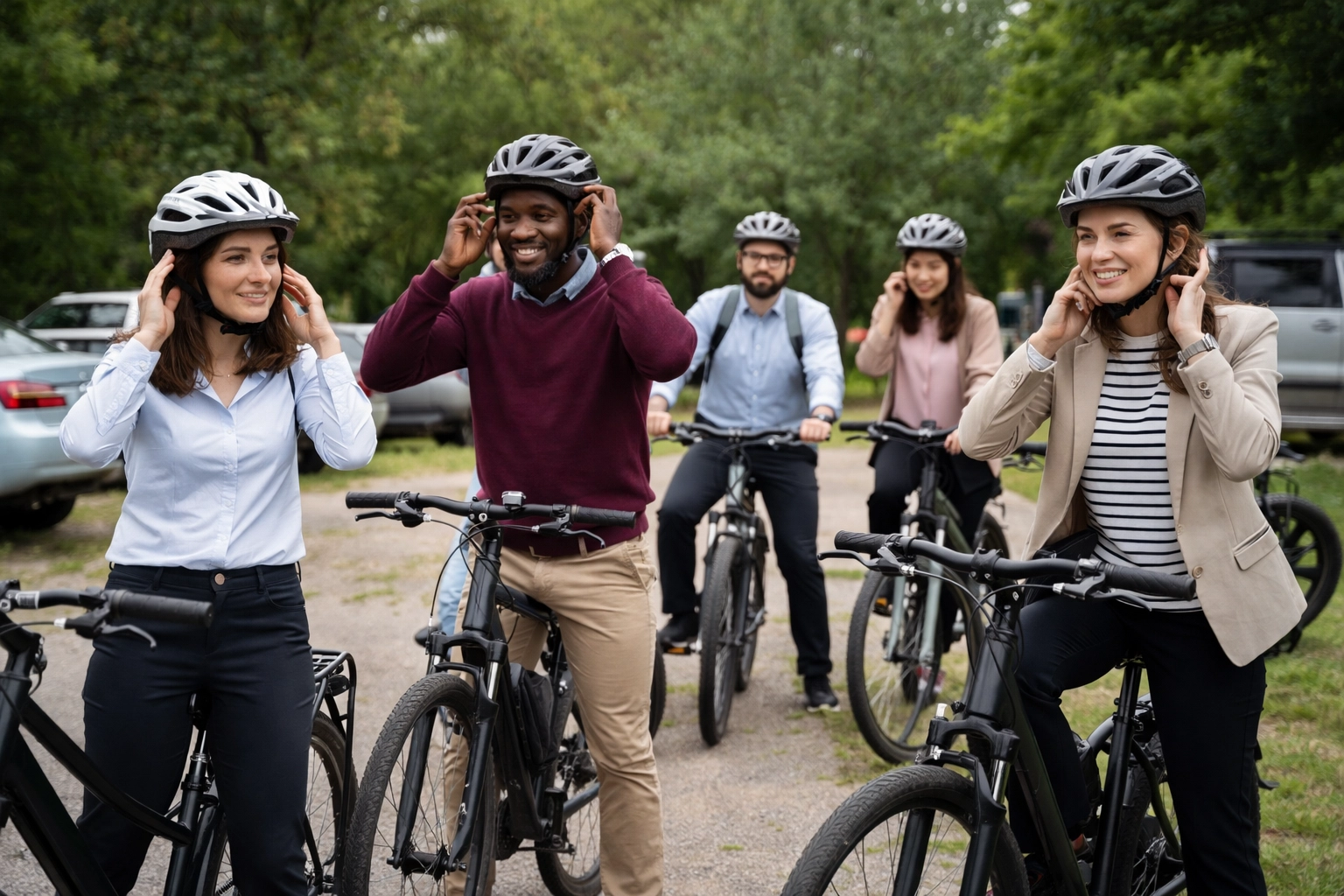 Office workers preparing for a corporate cycling event, getting fitted for hybrid bikes and e-bikes