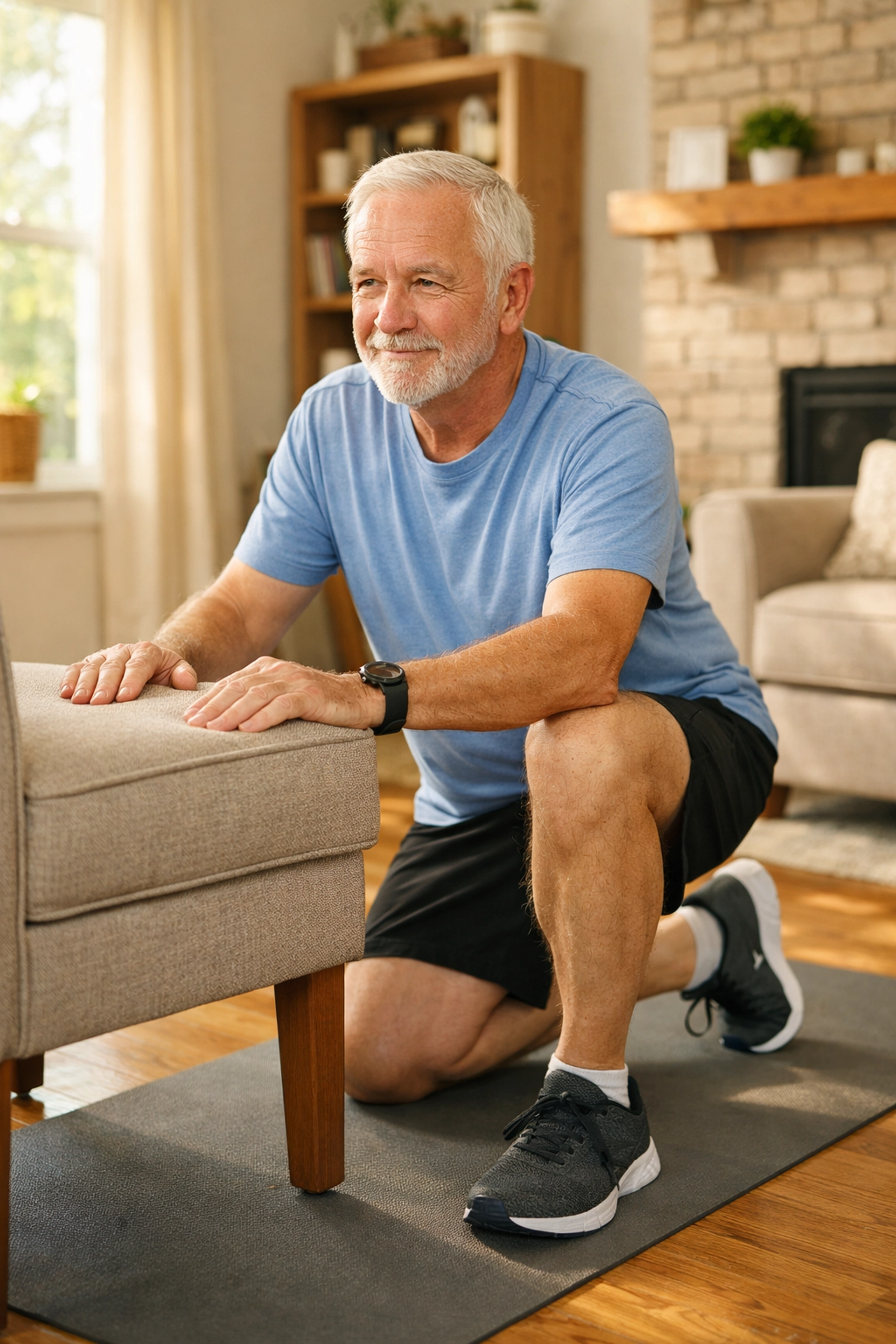 Senior man practicing half-kneeling position with chair support for fall recovery
