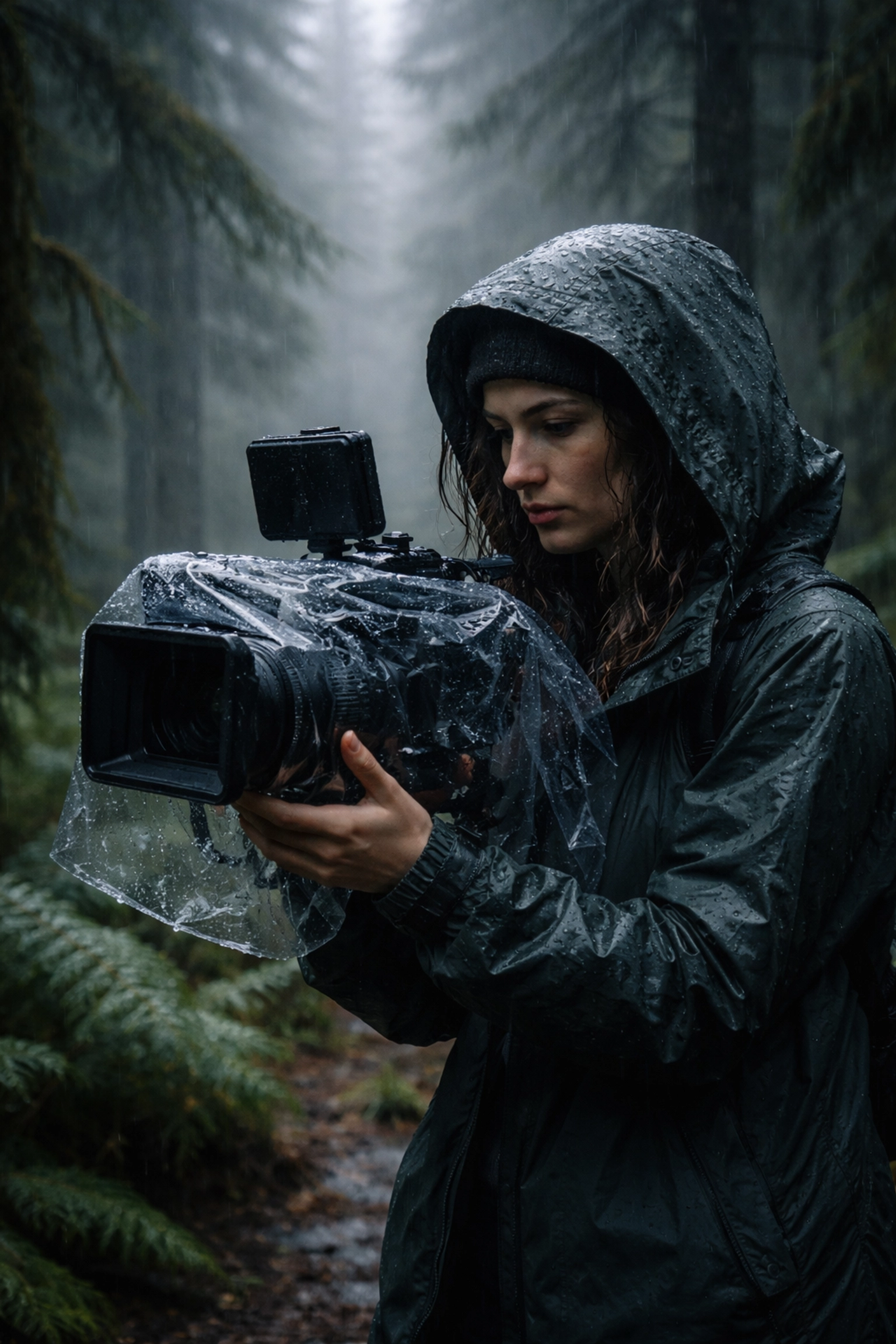 Female videographer films in light rain in an Oregon forest, capturing the authentic, moody weather of Pacific Northwest weddings.