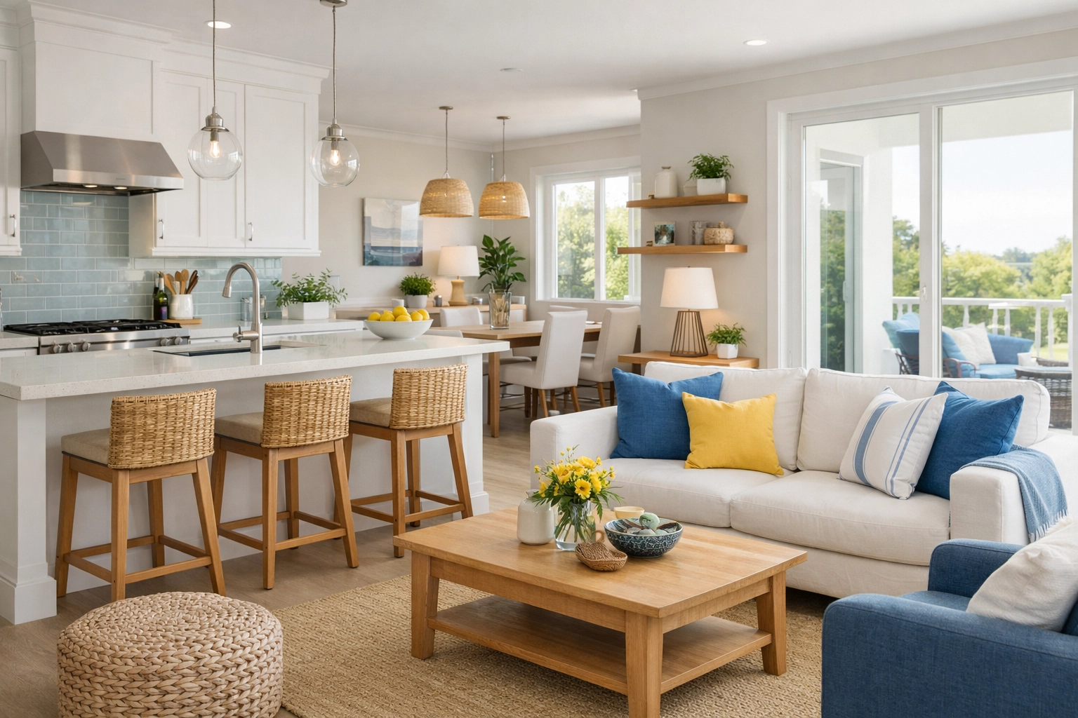 Calm, organized kitchen and living area designed for stress relief after apartment cleaning.