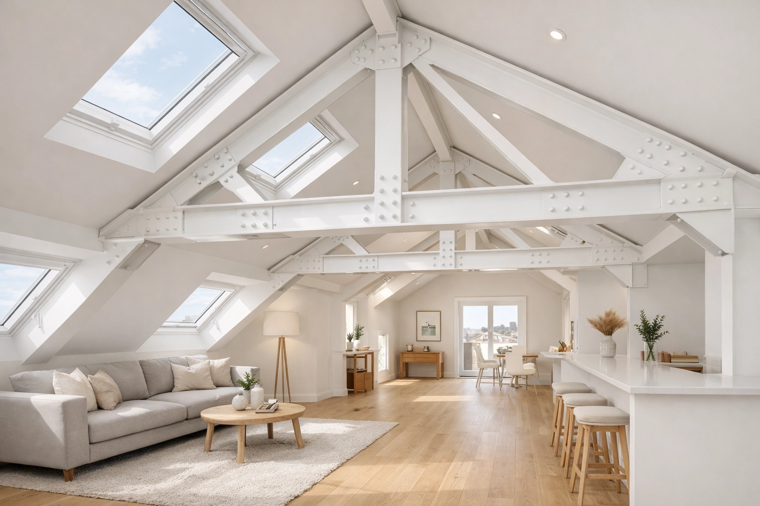 Completed loft conversion interior with exposed structural beams and natural light from Velux windows