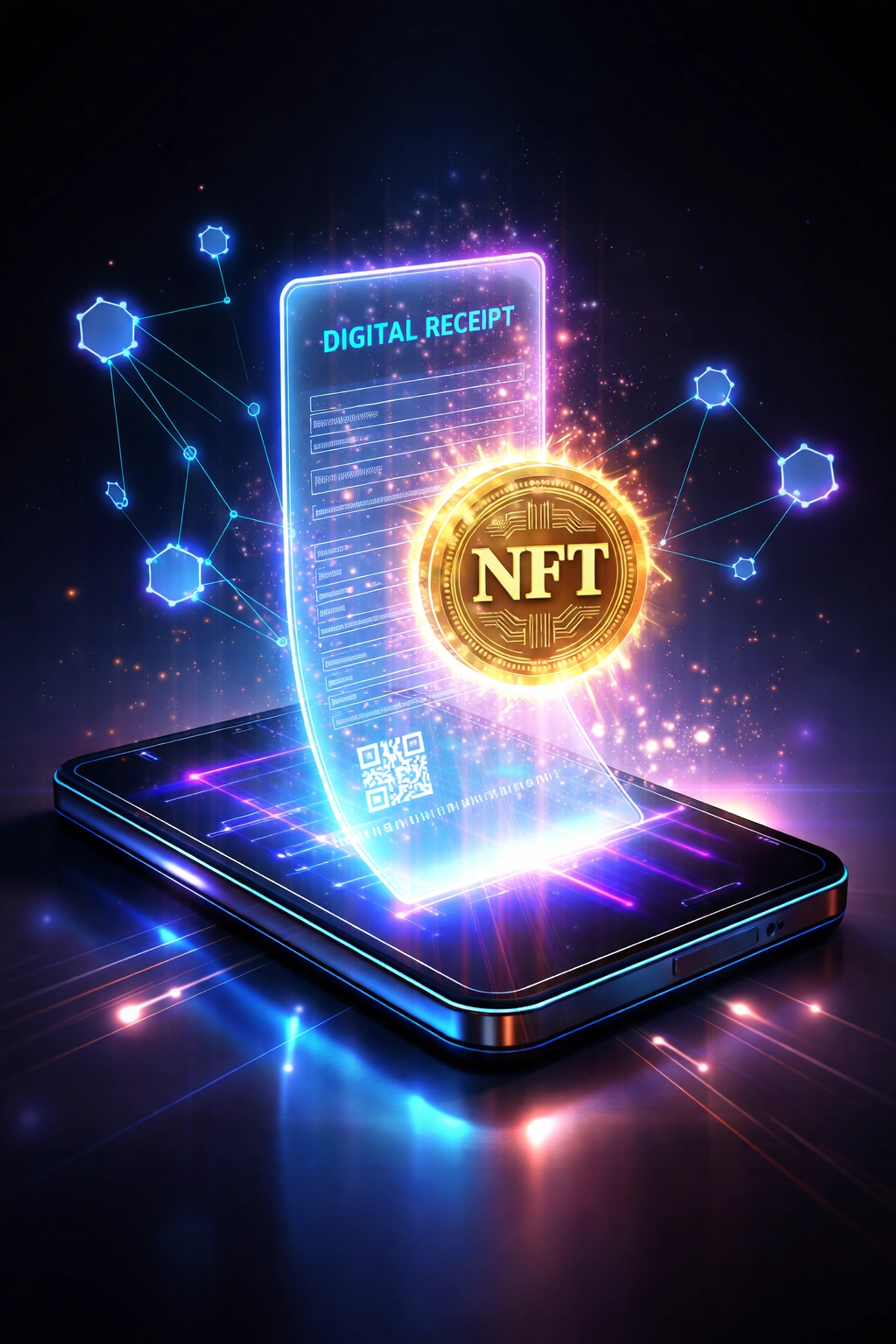 Digital NFT receipt floats above smartphone showcasing blockchain verification and seamless Web3 crypto payments for small businesses.