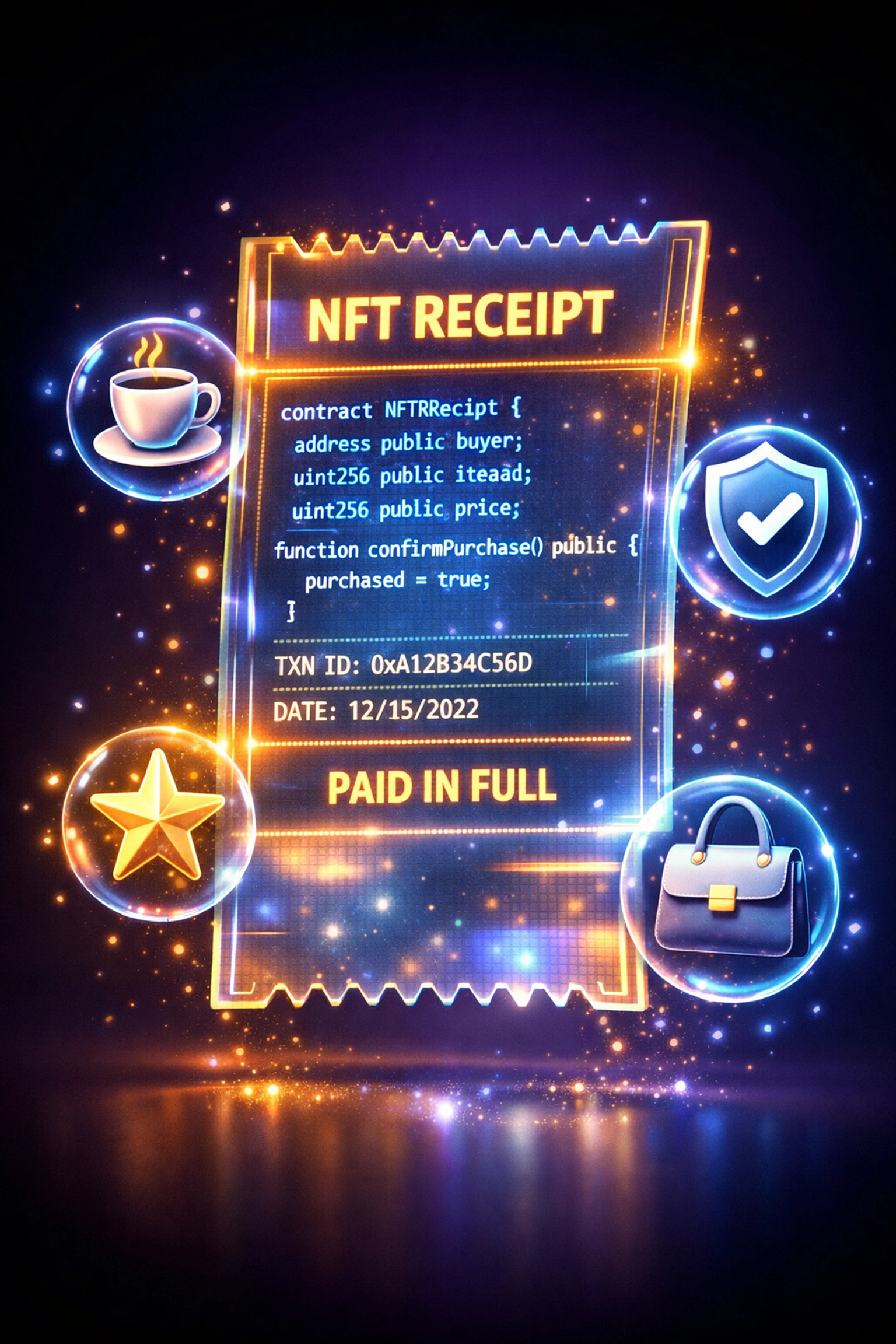 Holographic NFT receipt with embedded smart contract for blockchain payment verification and loyalty