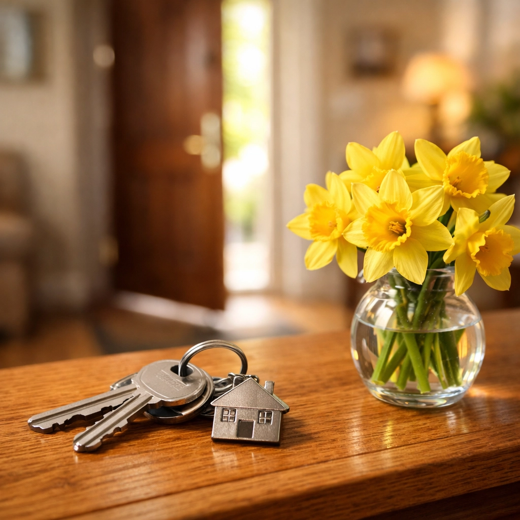 House keys and spring flowers representing a fresh start for landlords in South Gloucestershire.