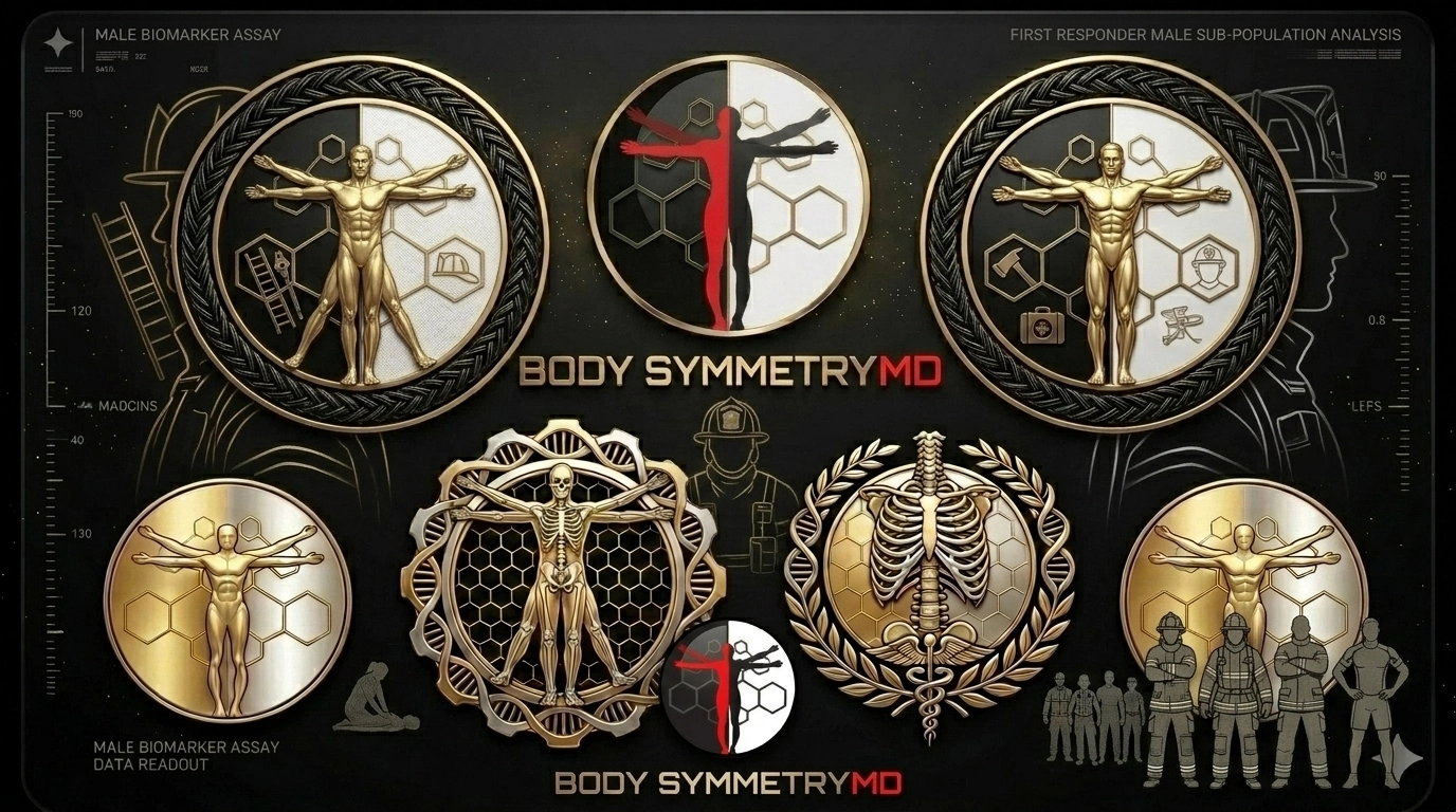 Macro photography of laboratory slides with subtle design cues representing male firefighters, capturing the forensic data used to build a client's Gold Key Bio-Blueprint.