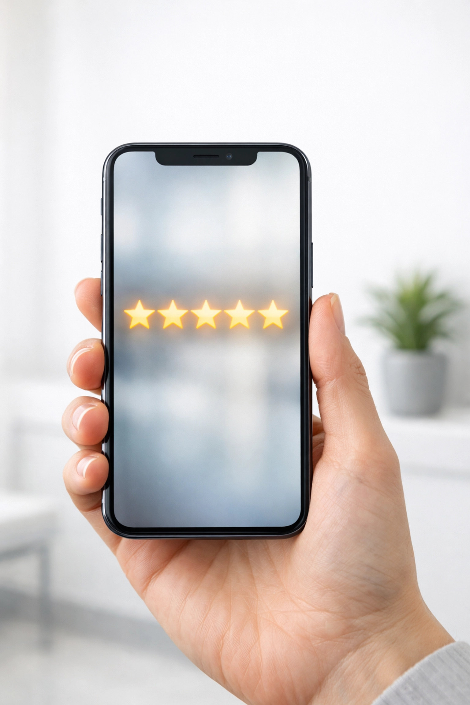 A patient viewing five-star Google reviews on a smartphone in a bright, modern chiropractic office.