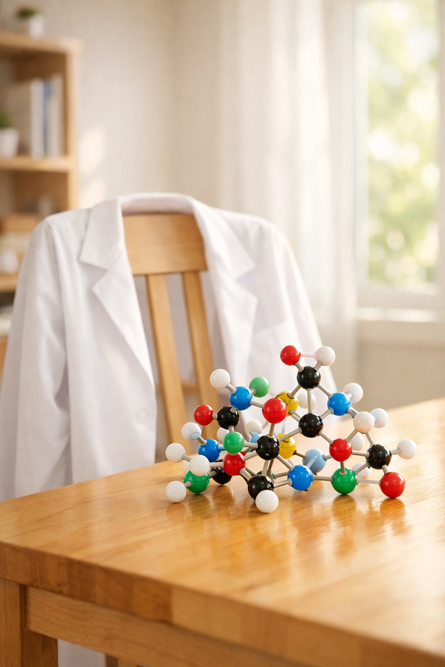 White medical lab coat and molecular model kit, representing the career path for successful medical school applicants.